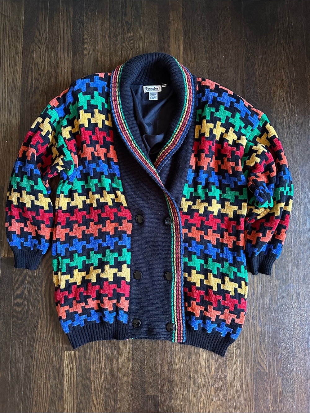 Premier Multicolor Houndstooth Shawl-Collar Oversized Double Breast Cardigan ML